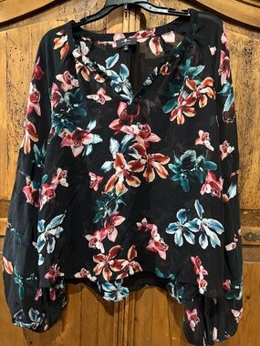 Navy blue Floral V-Neck Blouse with Teal, Pink and Orange Flowers
